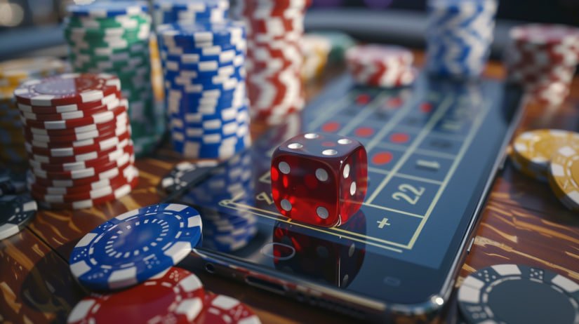 Casino game interface with dice and cards optimized for mobile touchscreen